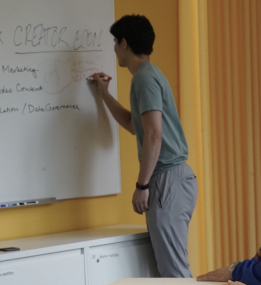 student brainstorming on whiteboard