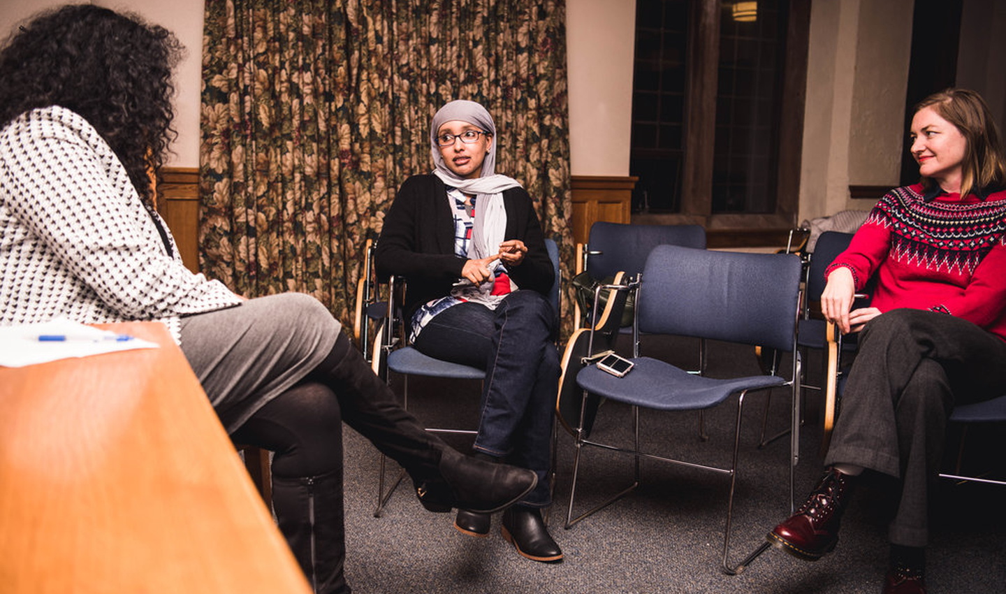 Baljeet Sandhu, Fauziya Ali, and Joy Olivier speak during a Global Innovation Series event.