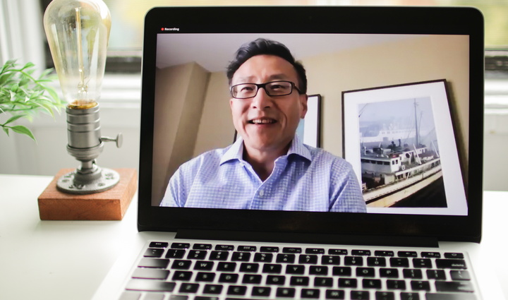 Image of laptop playing Joe Tsai virtual talk