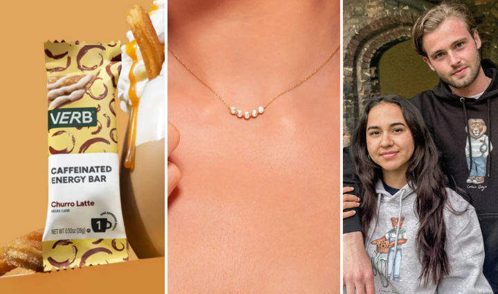 images of verb bar, a necklace, and students in a crew dog sweatshirt