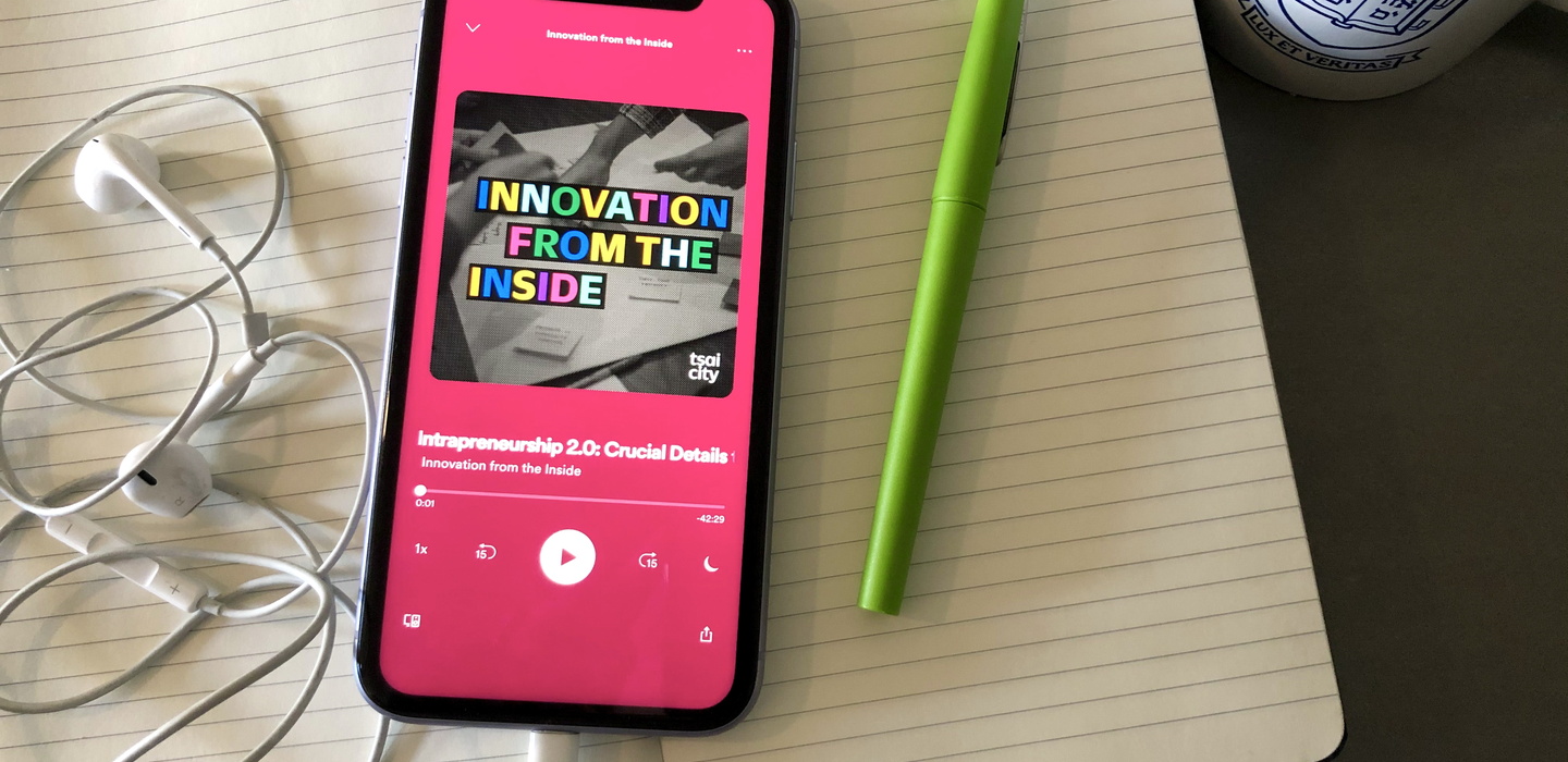 View of phone playing Innovation from the Inside podcast