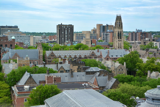 Aerial view of Yale campus buildings