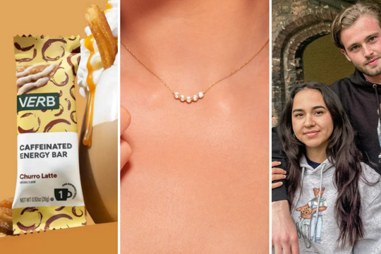 images of verb bar, a necklace, and students in a crew dog sweatshirt